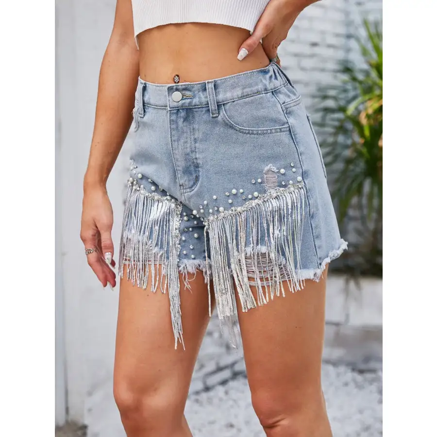 Distressed Pearl Trim Denim Shorts with Pockets