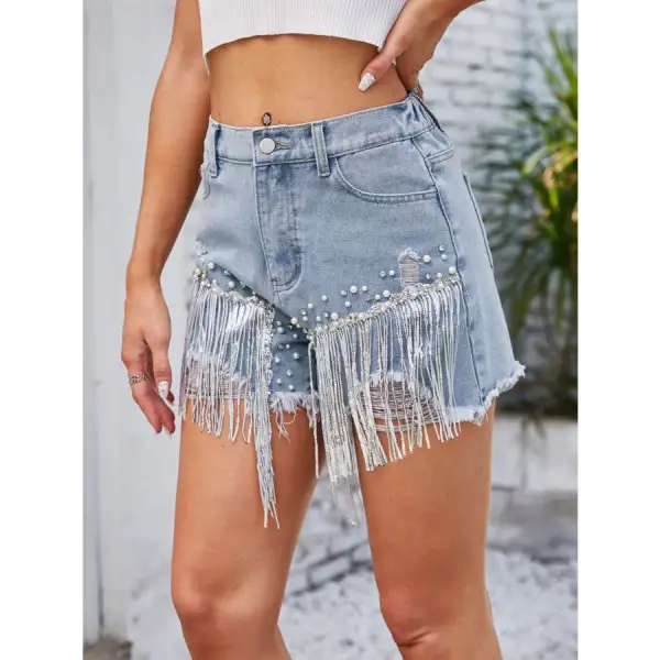 Distressed Pearl Trim Denim Shorts with Pockets