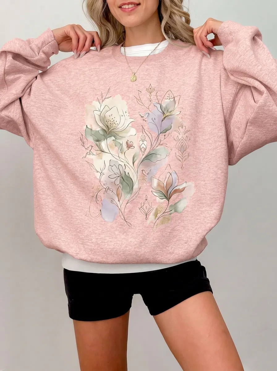 Women's Botanical Floral Art Watercolor Printed Sweatshirt