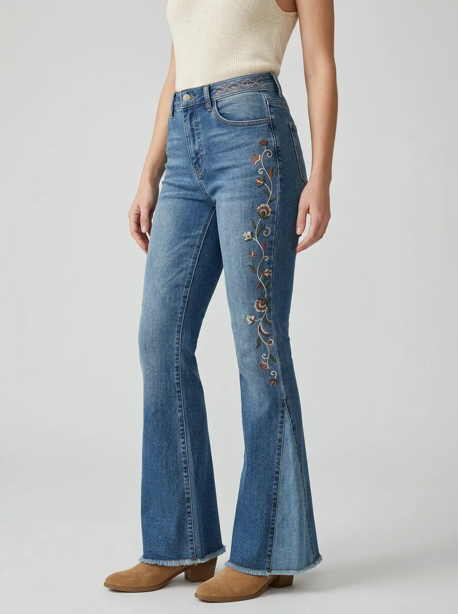 Women's Modern Floral Embroidered Stitch Detail High Rise Flare Jeans