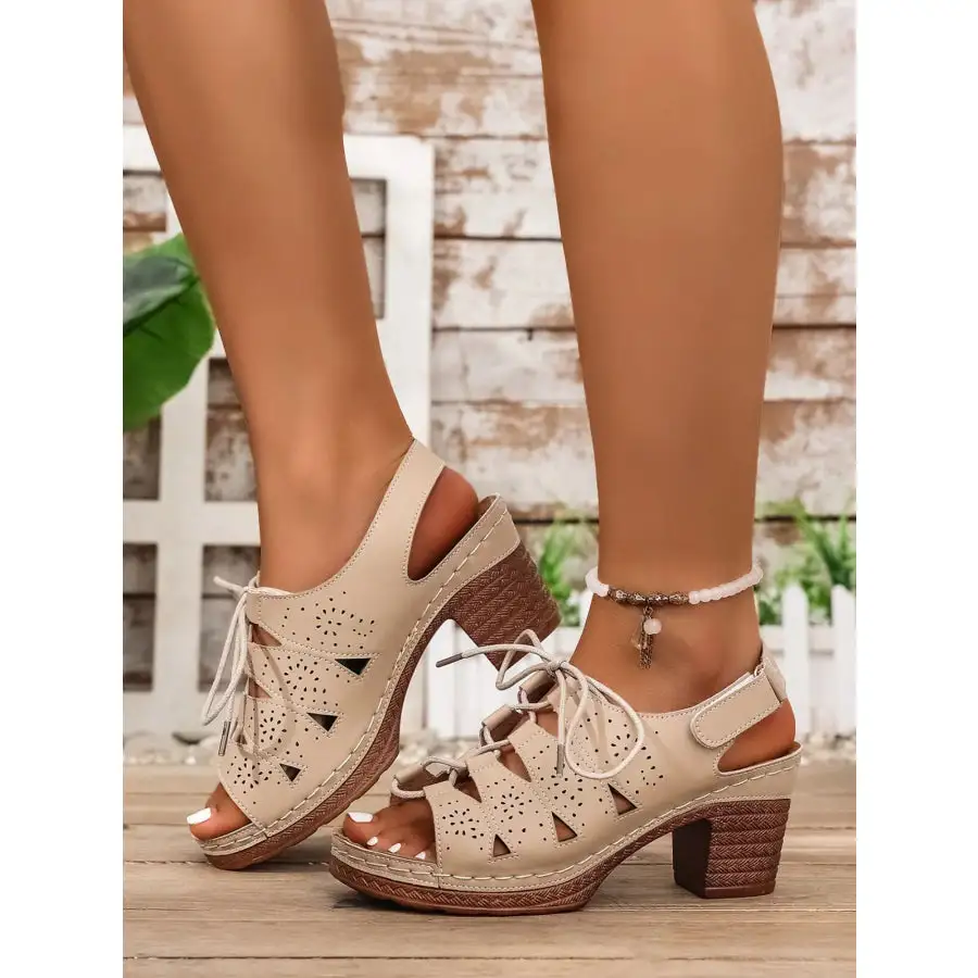 Lace Up Chunky Heel Eyelet Sandals