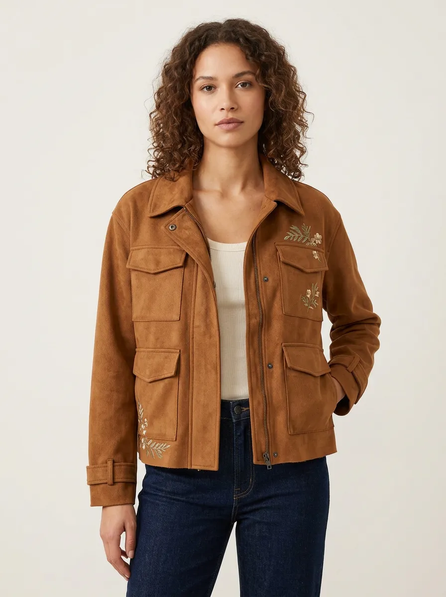 Women's Floral Embroidered Suede Jacket