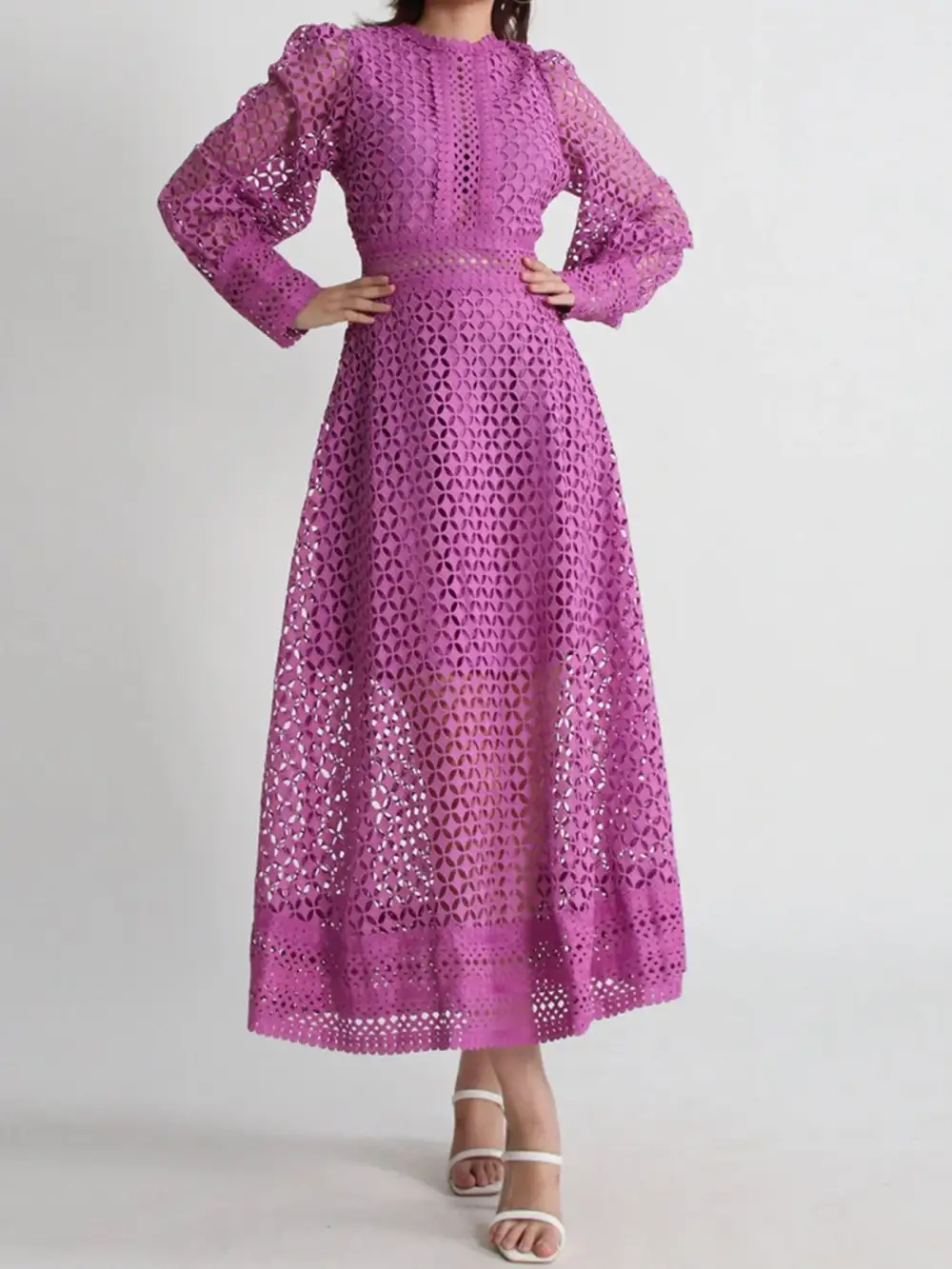 Balanced Detail Lace Long Sleeve Midi Dress