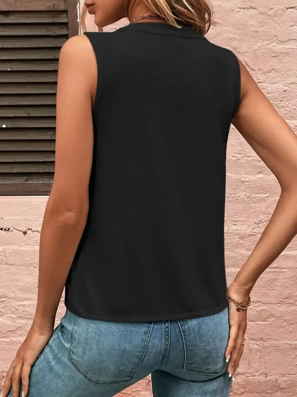 Sleeveless Pleated Notched Tank