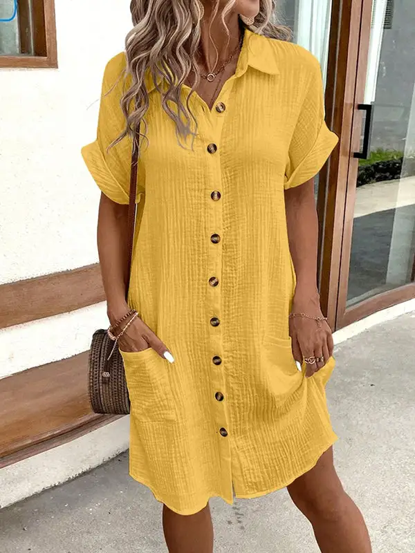 Relaxed Short Sleeve Buttoned Pocket Lapel Mini Dress