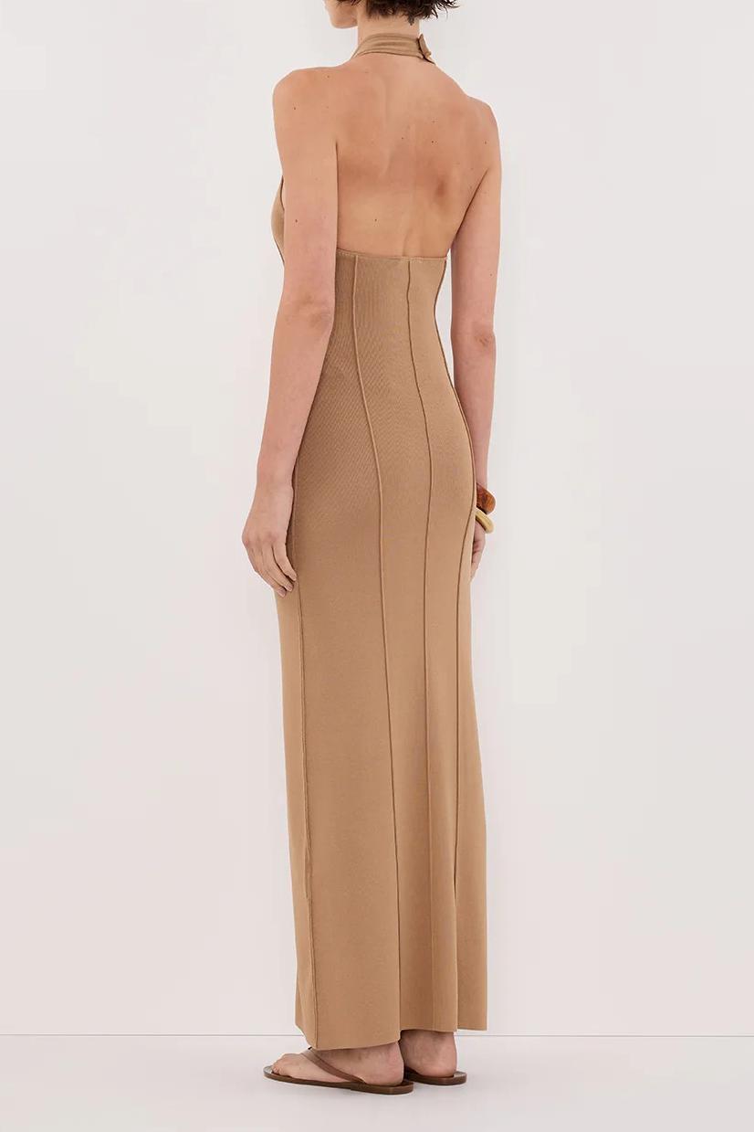 TAN HALTER KNIT MAXI DRESS