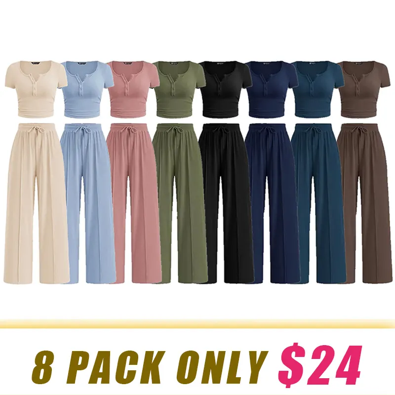 Women's two-piece summer ribbed knit button short-sleeve crop top and wide-leg pants