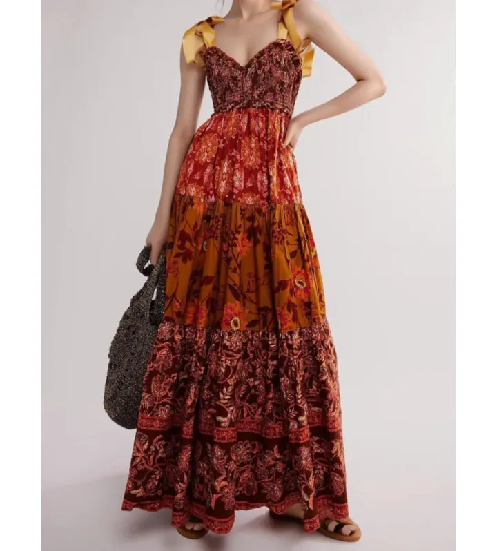 Floral Tiered Maxi Dress with Mixed Print Design