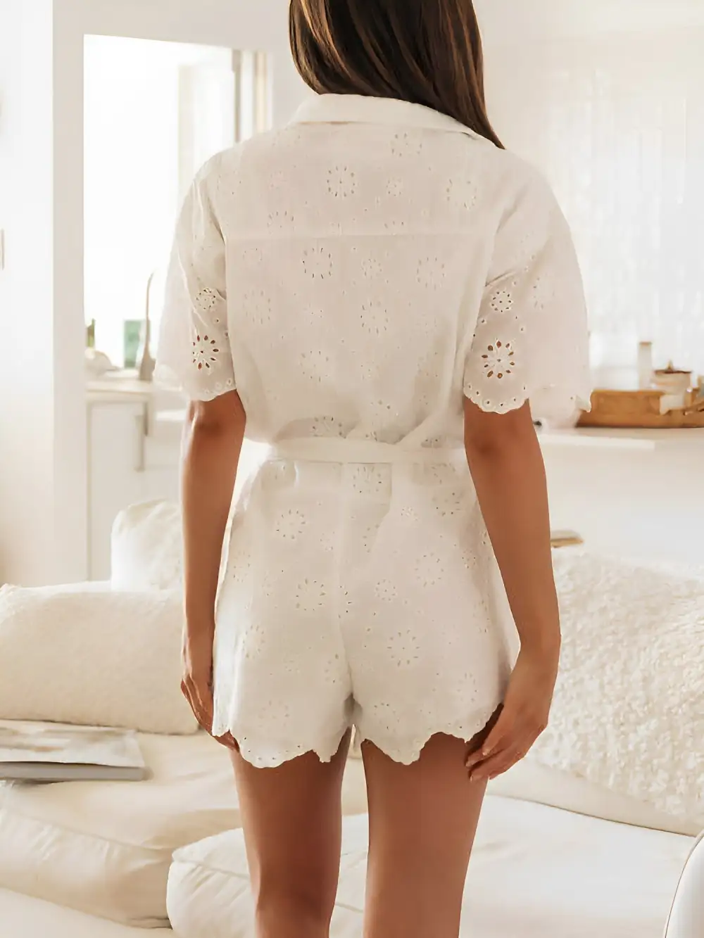 Eyelet Short-Sleeve Button-Down Tie-Waist Romper