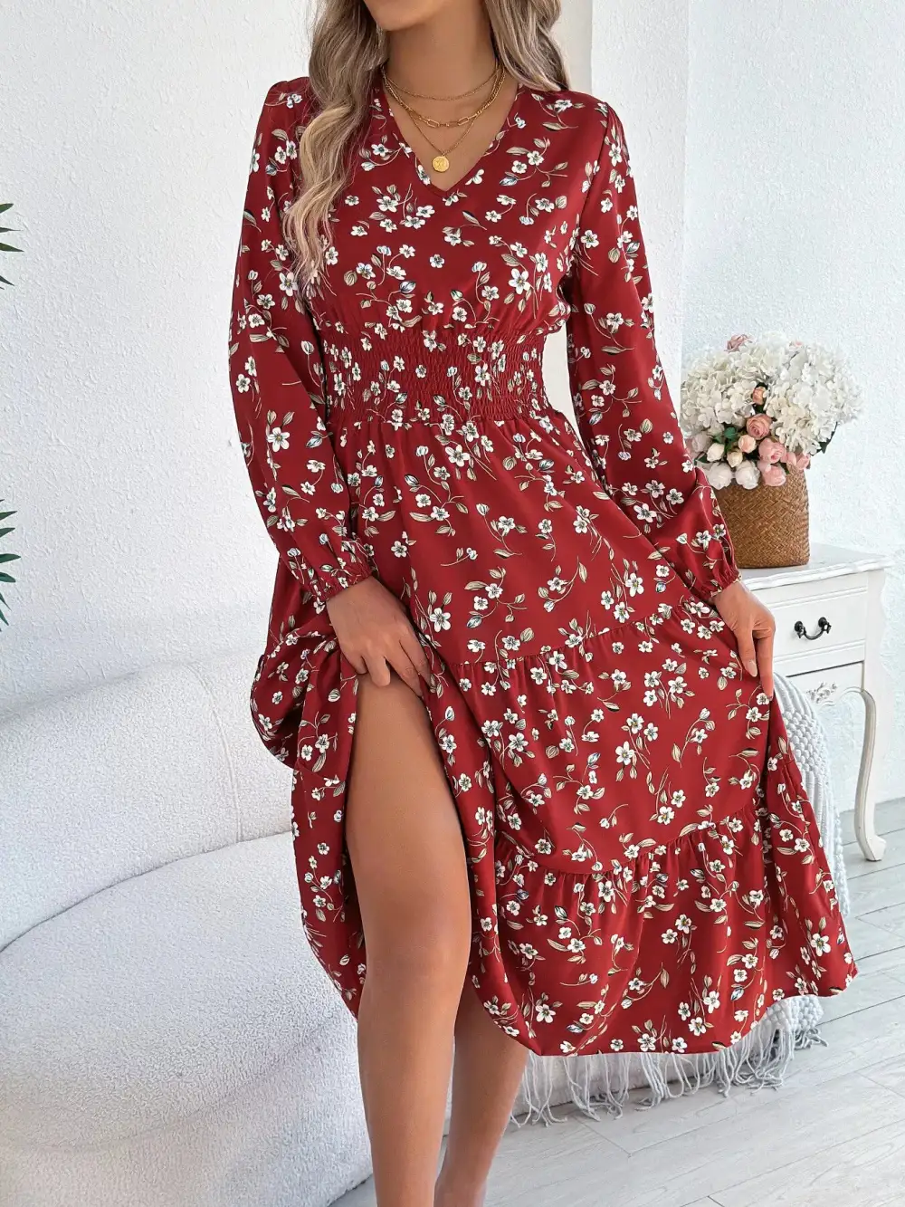 Structured Shape Floral Printed V Neck Midi Dress