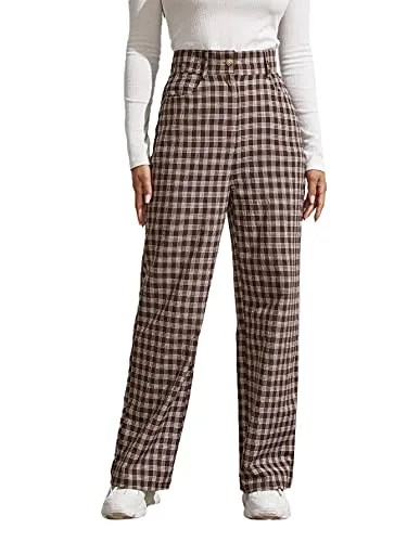 Women's Tartan Plaid Mid Waist Straight Pants