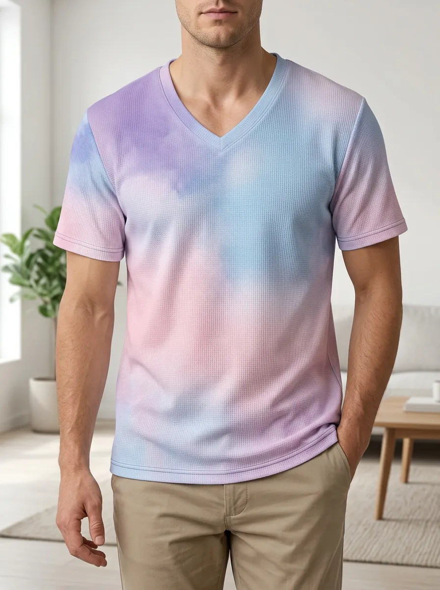 Men's Graphic Pastel Tie-Dye Waffle Knit V-Neck T-Shirt