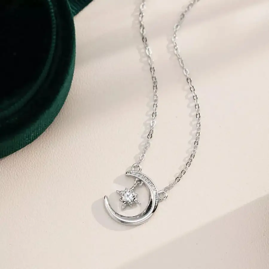 Minimal Shine Sterling Silver Star Moon Star Necklace