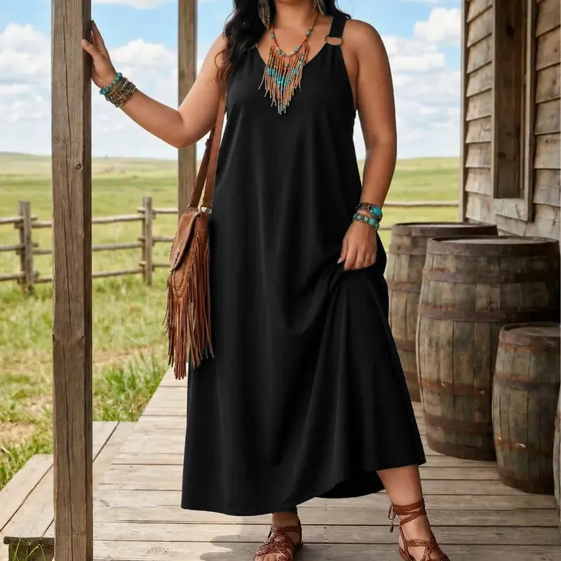 Women’s Sleeveless Denim Maxi Dress with Adjustable Cross Back Straps
