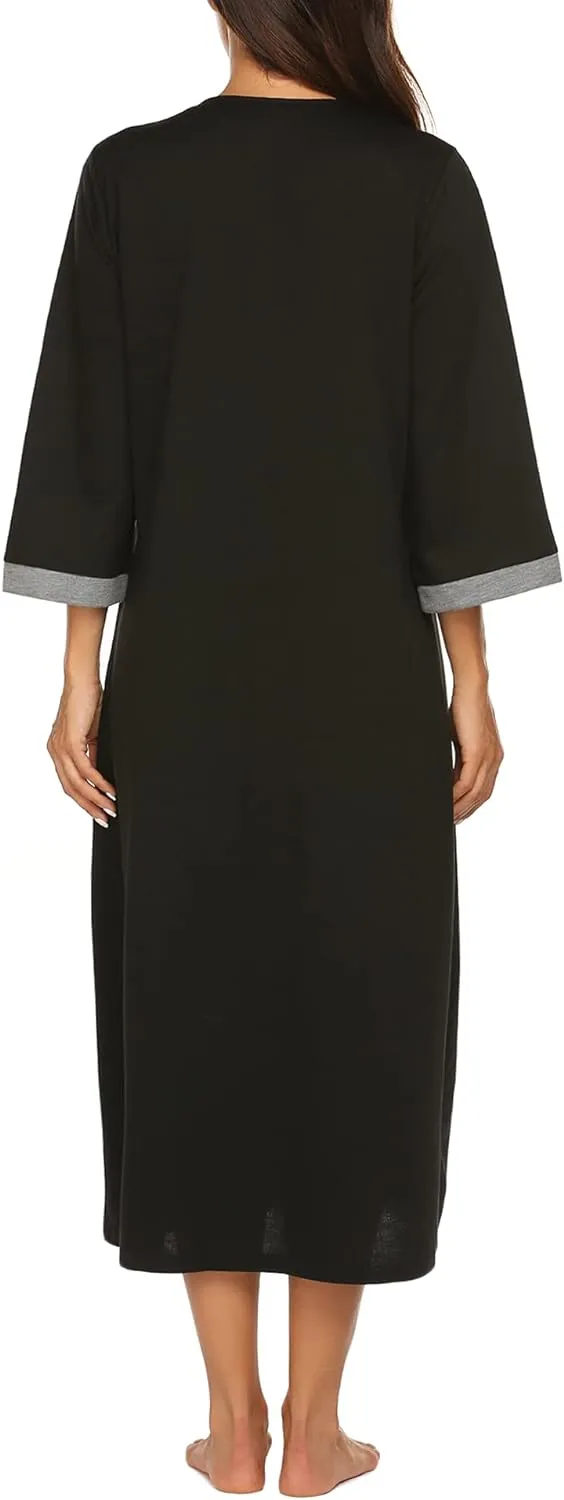 50% OFF Women Zipper Robe 3/4 Sleeves Loungewear Dress Full Length Sleepwear Pockets Housecoat Nightgown Long Bathrobe