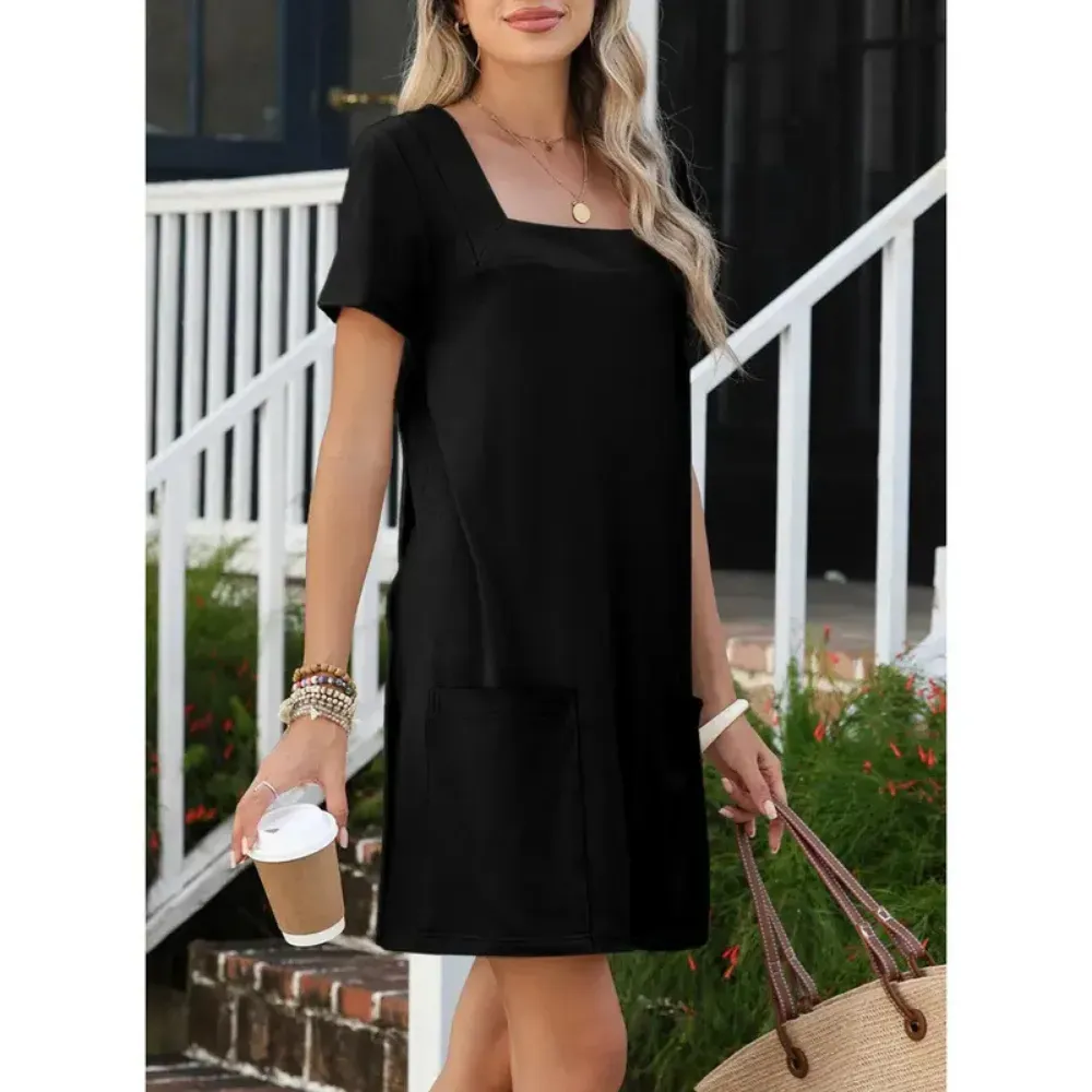 Women's Solid Color Align Dress Short Sleeve Mini Dresses With Pockets