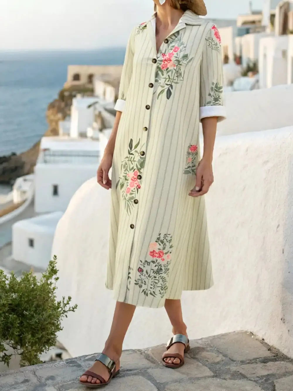 Button Front Floral Striped Midi Dress