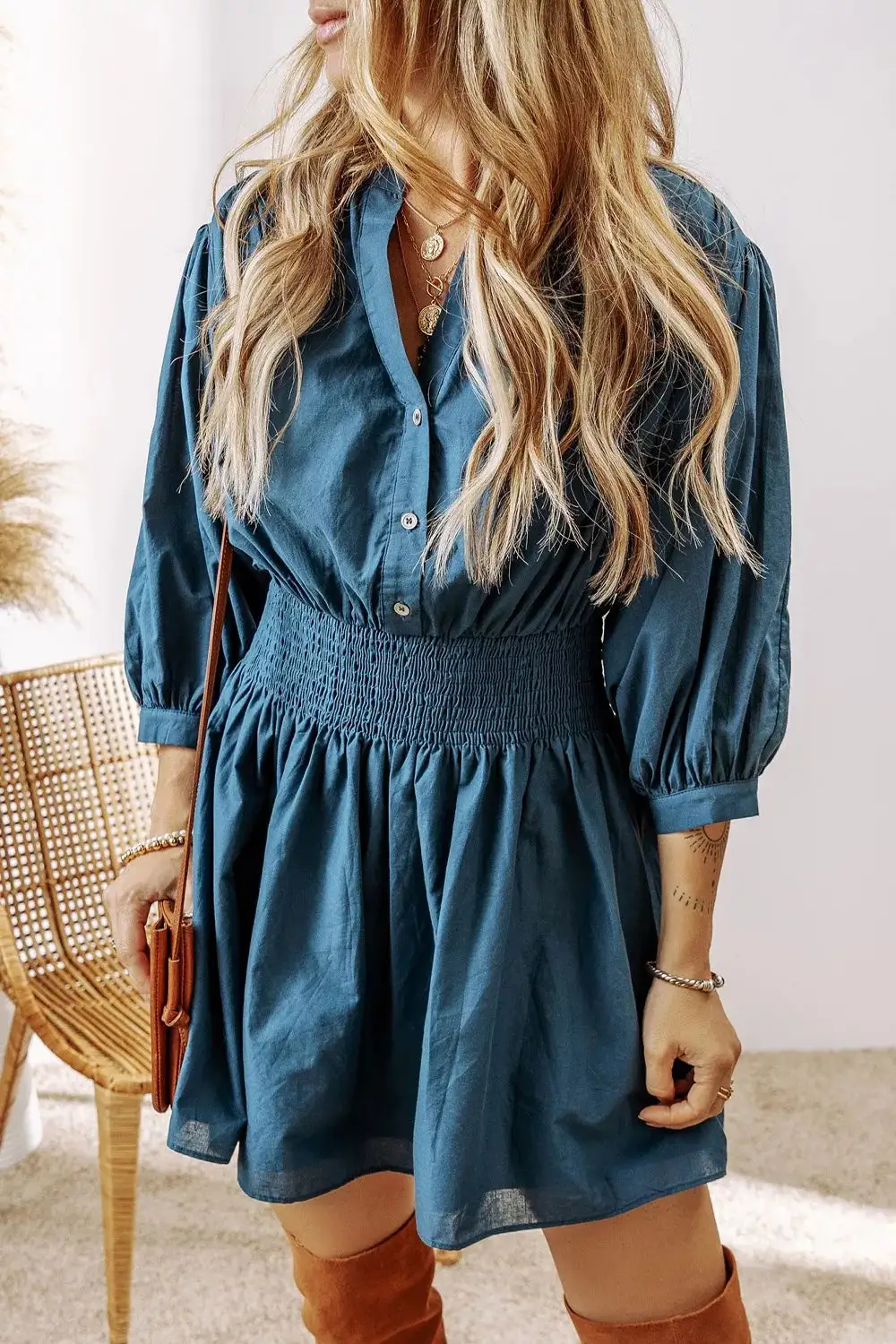 Button Front Smocked Mini Dress