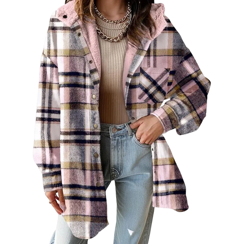 Women's Flannel Hooded Plaid 2025 Shacket Thick Coat