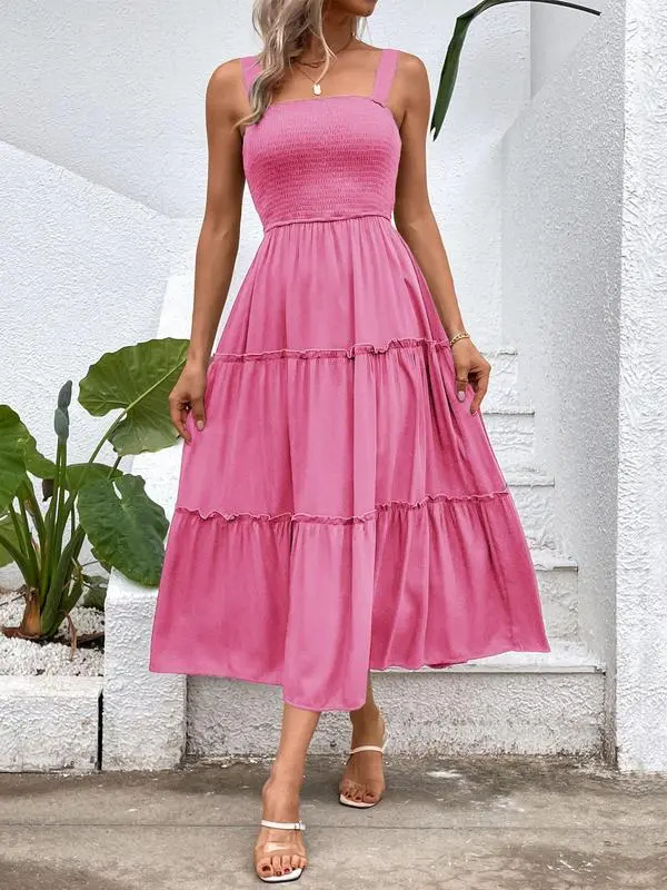 Women'S Frill Trim Ruffle Hem Shirred Backless Sundress Cami Dress, Sleeveless A Line Long Dress, Women'S Clothing For Summer Beach Holiday, Boho Clothes Women, Vintage Girly Clothes,