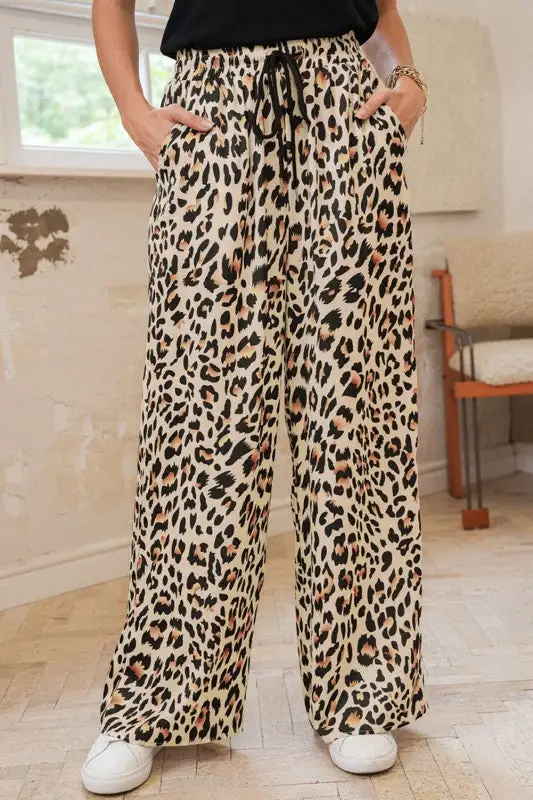Allover Leopard Print Wide Leg Pants