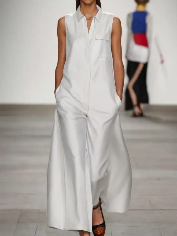 Losse Mouwloze Zakken Effen Kleur Revers Jumpsuits