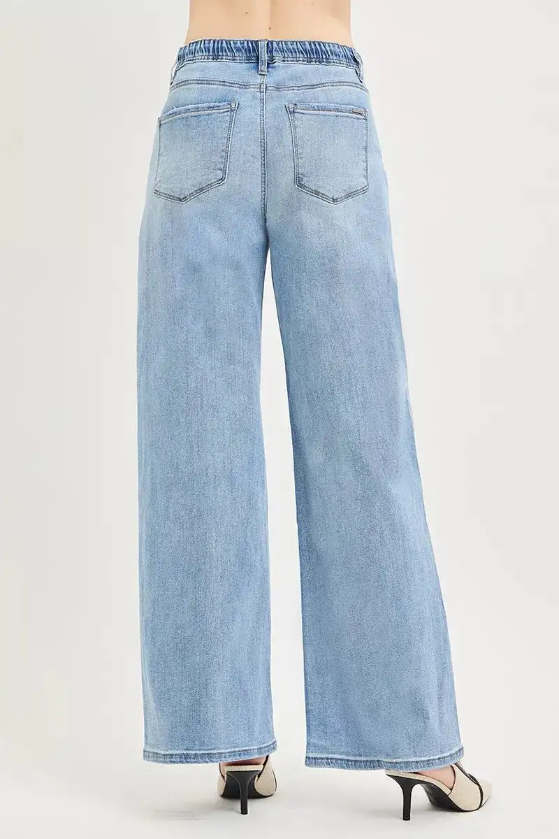 Drawstring Elastic Waist Wide Leg Jeans