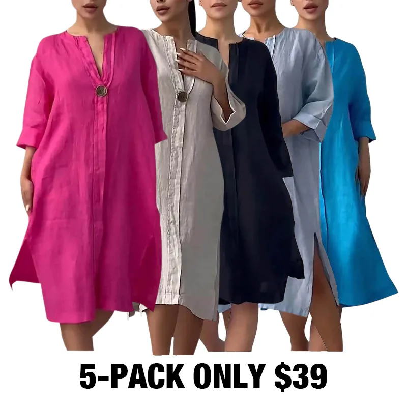 Women'S Solid Color Casual Cotton And Linen Dress-5-PACK