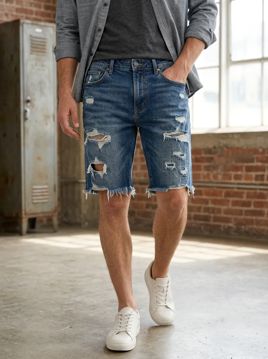 Men's Jean Raw Hem Denim Shorts Featuring Five Pocket