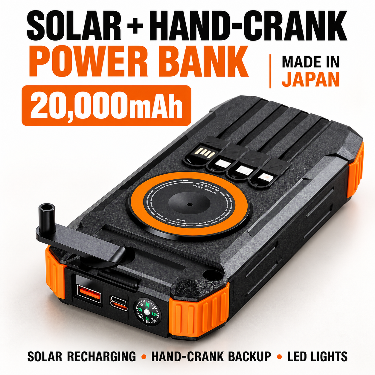 20,000mAh solar and hand-crank power bank, one unit