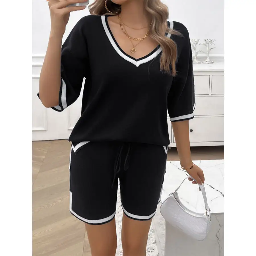 Contrast Trim V Neck Top and Shorts Set