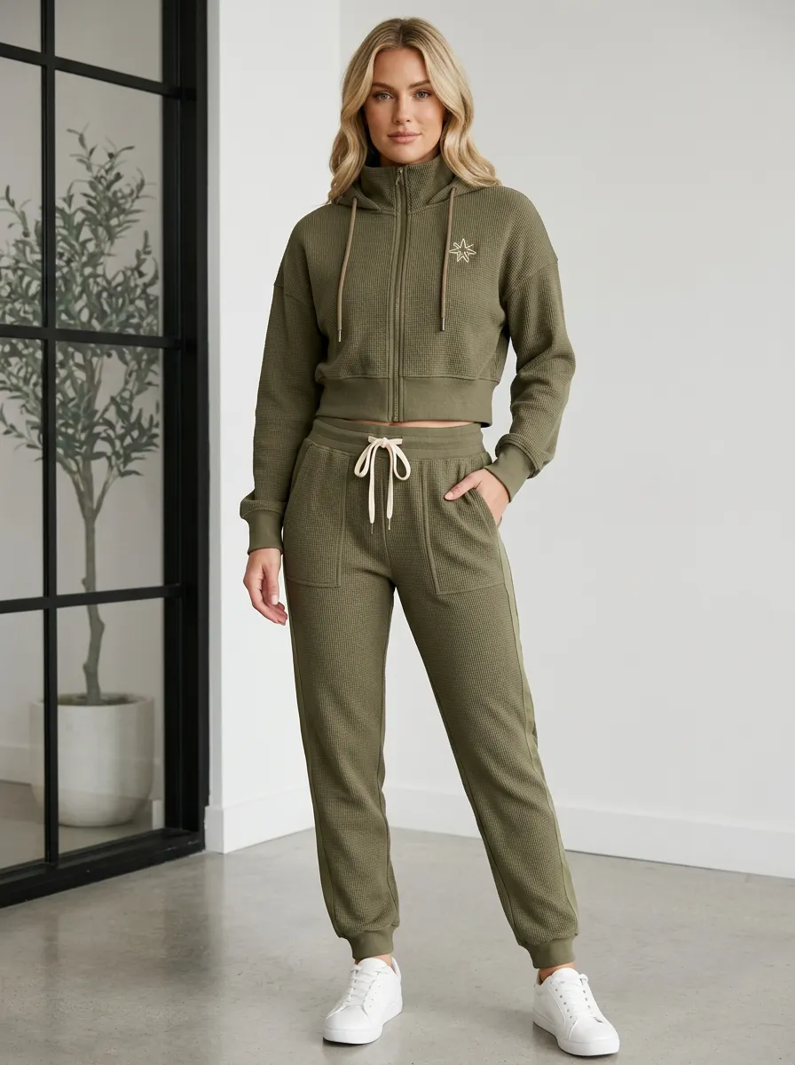 Women's Star Logo Olive Waffle Knit Printed Hooded Jogger Set