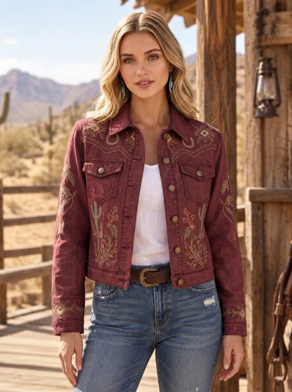 Women's Western Cowgirl Cactus Floral Embroidery Floral Embroidered Jacket