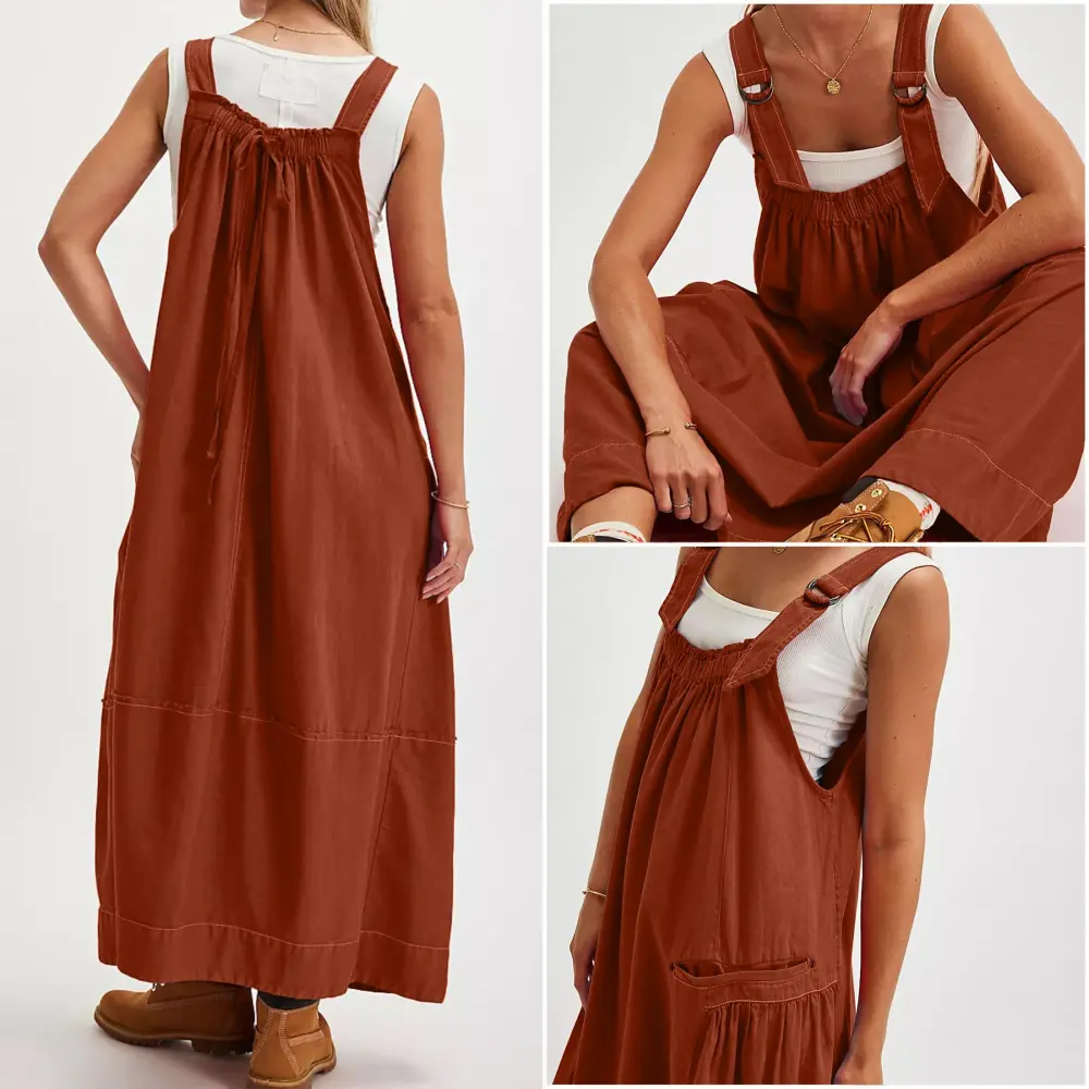 Women's Barrel Midi Dress Sleeveless Strappy Maxi Dress with Big Pockets & Adjustable Straps Minimalist Basic Casual Fall Dress