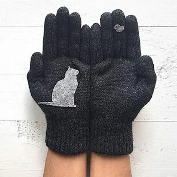 Women'S Cat And Bird Print Sweater Gloves 47982393C