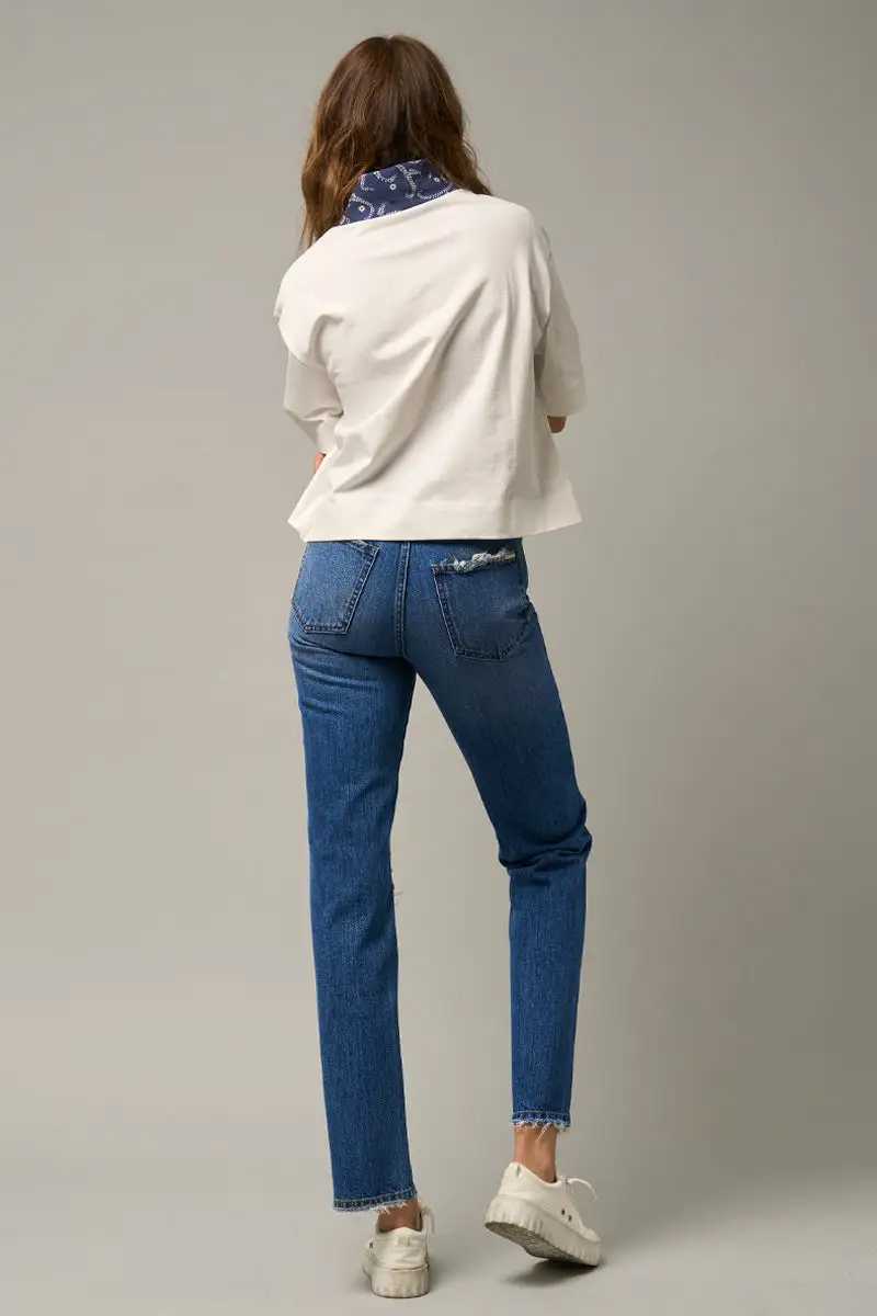 Women's High Rise Ripped Straight Rigid Denim Jeans