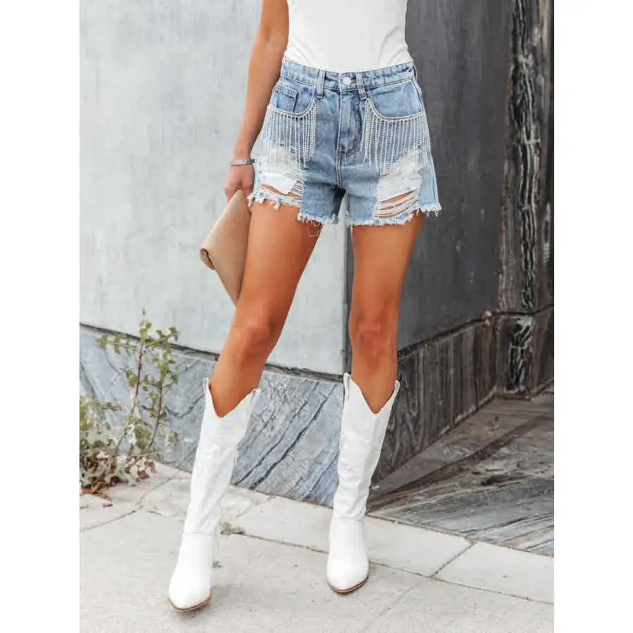 Distressed Fringe Denim Shorts with Pockets