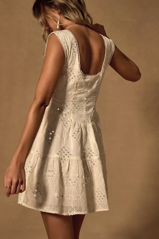 Antionette Cream Embroidered Sequin Button-Front Mini Dress