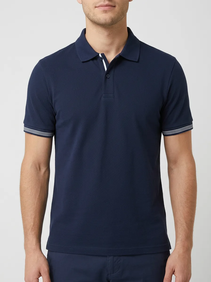 Men's Ribbed Textured Striped Contrast-Placket Tipped-Sleeve Contrast-Trim Polo Shirt
