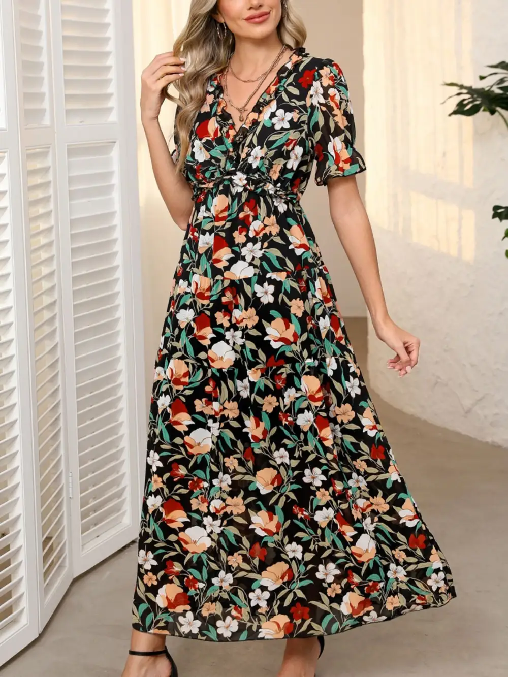 Polished Detail Floral Printed V Neck Maxi Dress