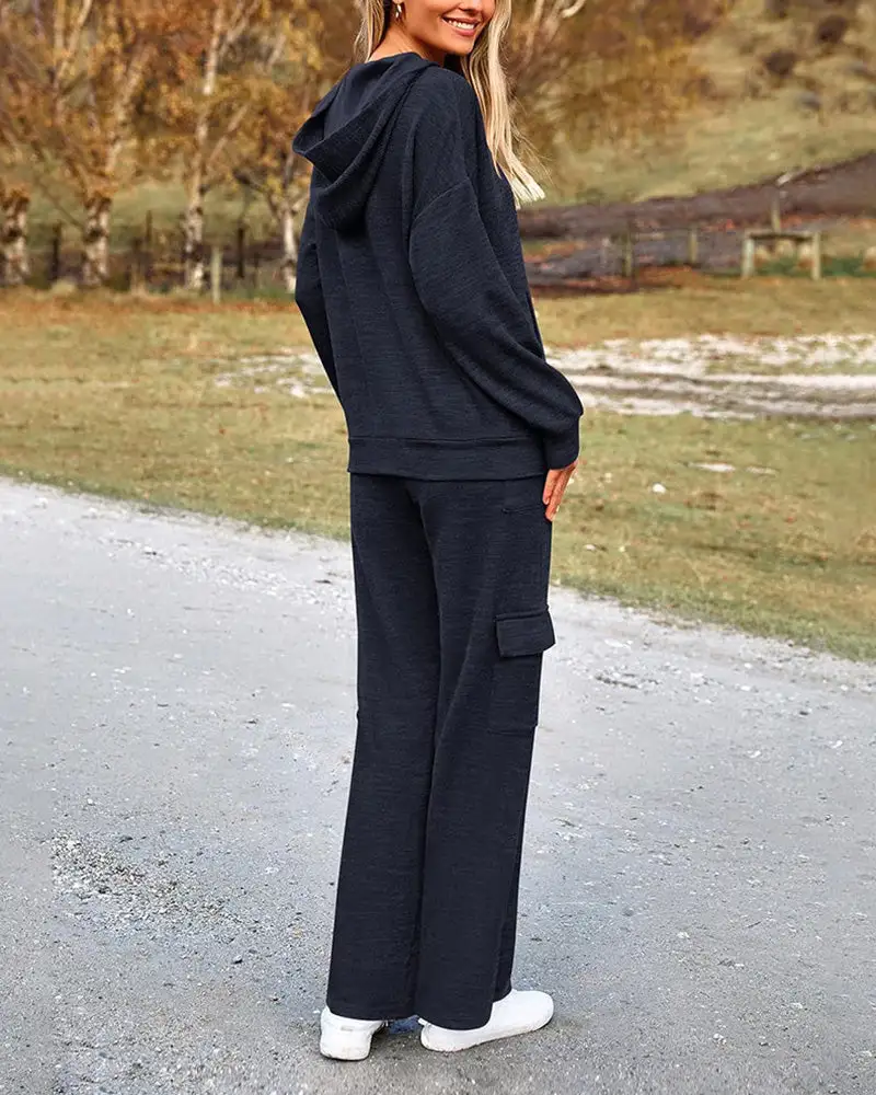 Casual Two-Piece Cargo Sweatsuit Set Hoodie and Pants