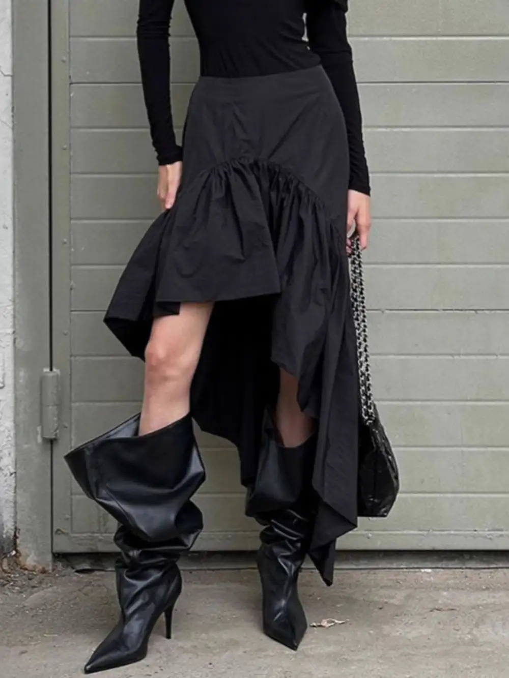 Asymmetrical Ruffle Hem Midi Skirt