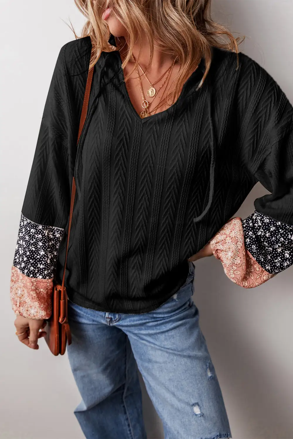 Classic Floral Patchwork Textured Knit Drawstring V Neck Blouse