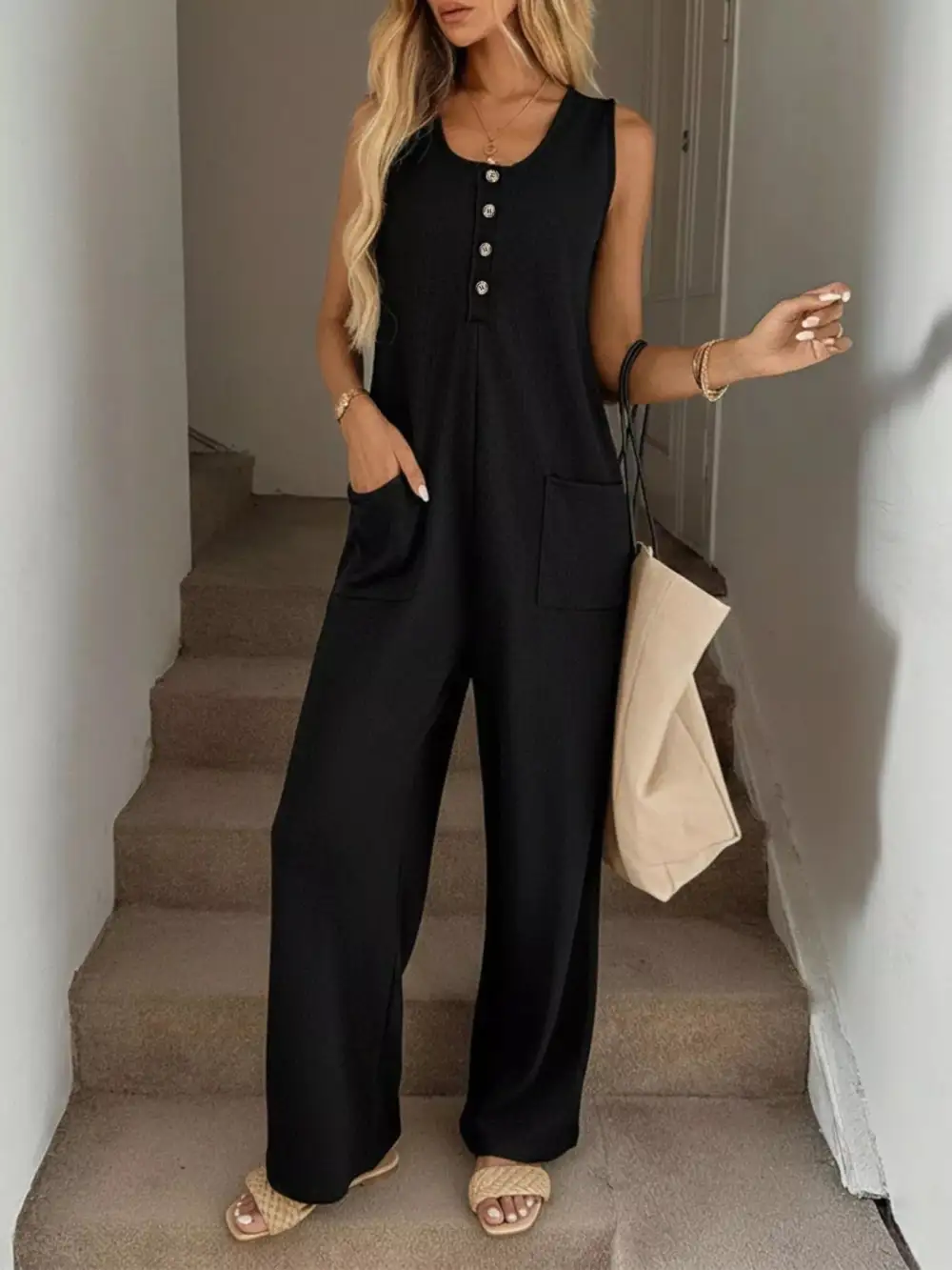 Sleeveless Button Front Wide Leg Everyday Jumpsuit
