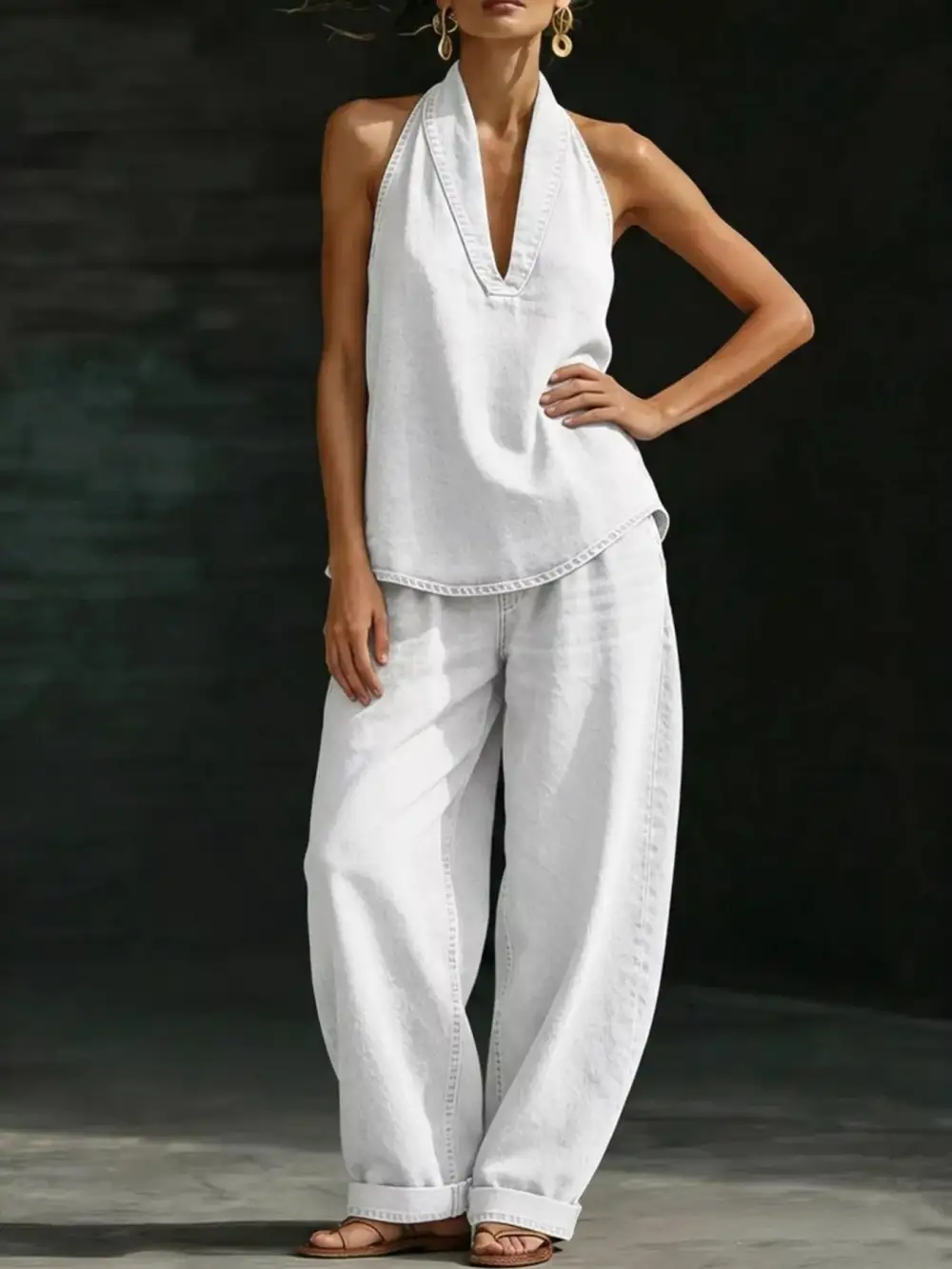 Full Size Halter Neck Top and Wide Leg Pants Plus Size