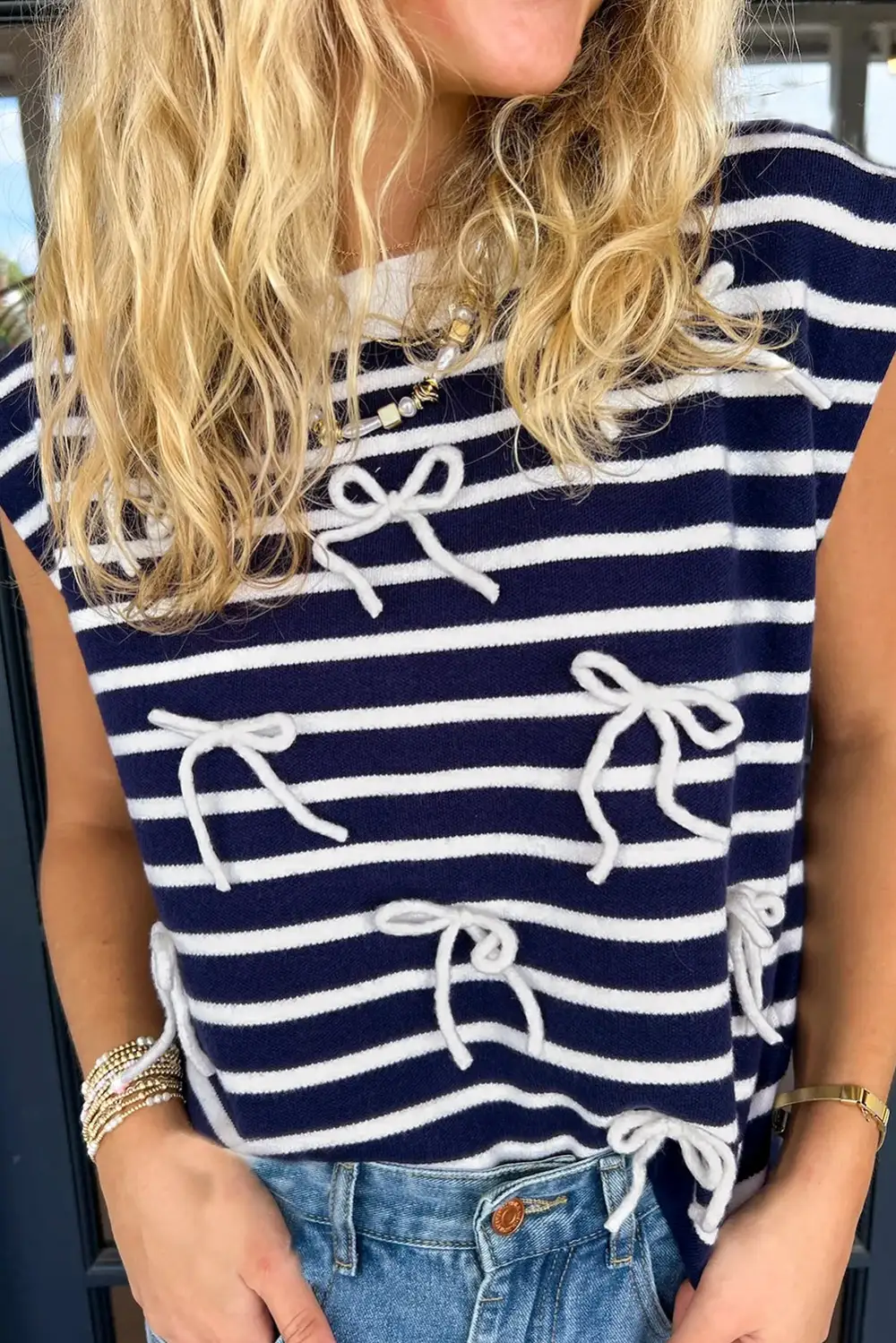 Stripe Knit Bow Decor Sweater Vest