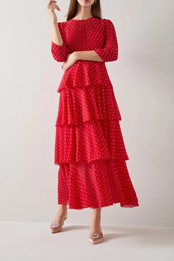 Red Polka Dot Tiered Midi Dress