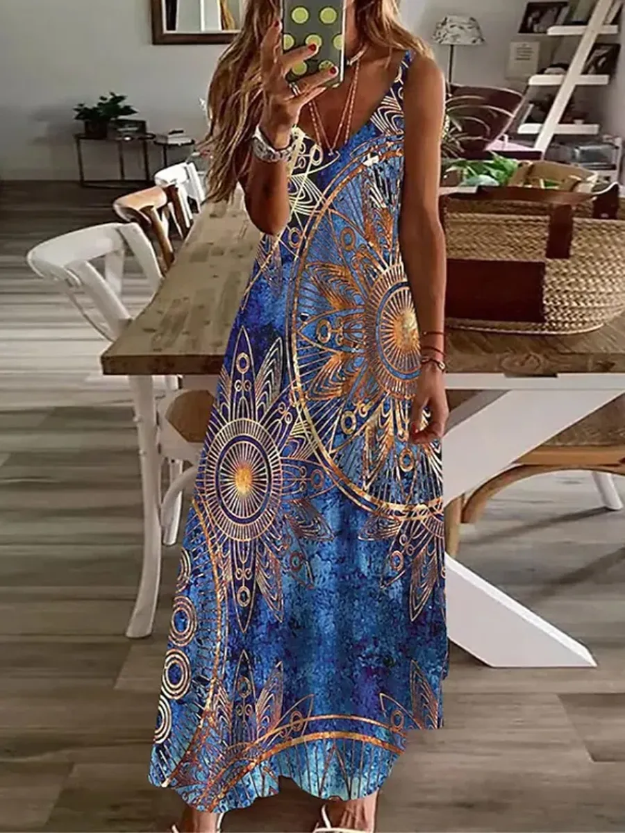 Casual Print V-Neck Sleeveless Maxi Dress