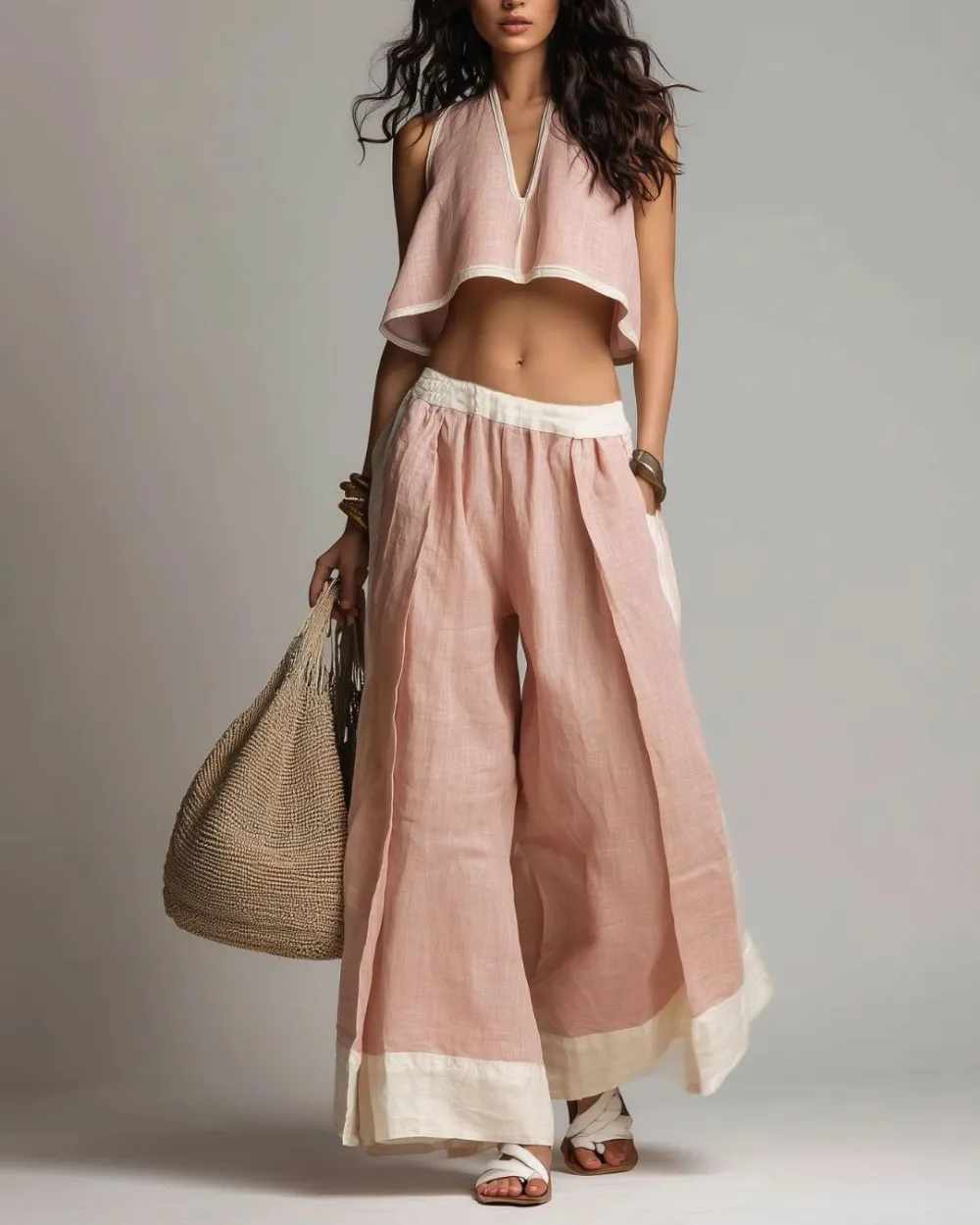 Plunging V-Neck Crop Top and Wide Leg Pants Set