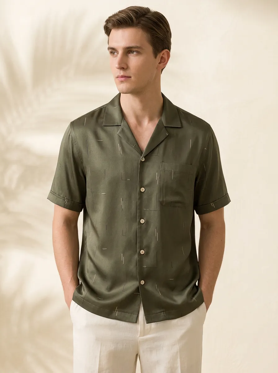 Men's Minimalist Olive Green Geometric Line Printed Shirt
